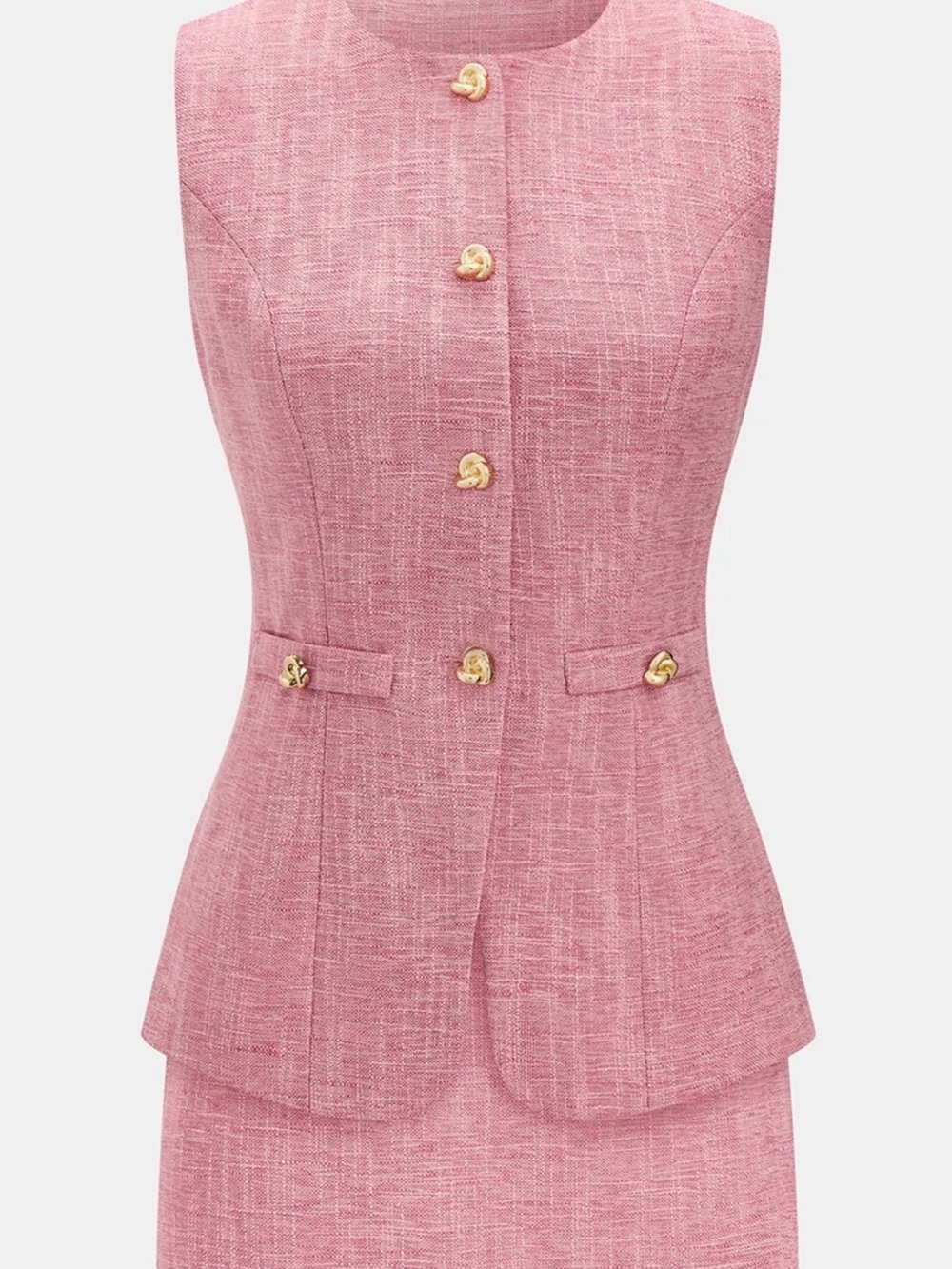 Commense Pink Sleeveless Tweed Peplum Jacket with Gold Buttons